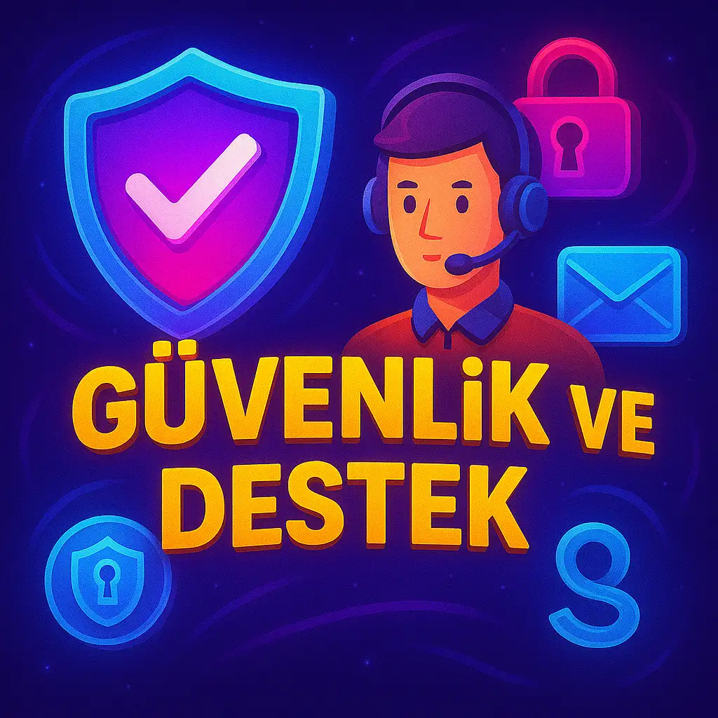 Destek temsilcisi ve güvenlik kalkanı simgeleriyle neon görsel