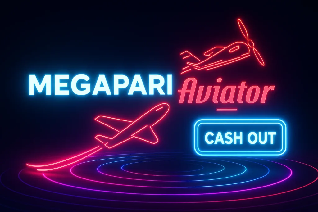 Megapari Aviator oyununda neon uçak ve “Cash Out” sahnesi