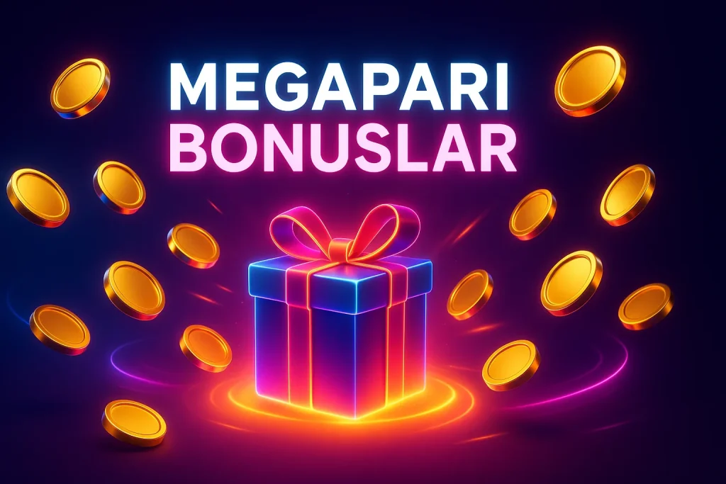 Megapari Bonuslar neon ışıklı hediye kutusu ve altın jetonlar